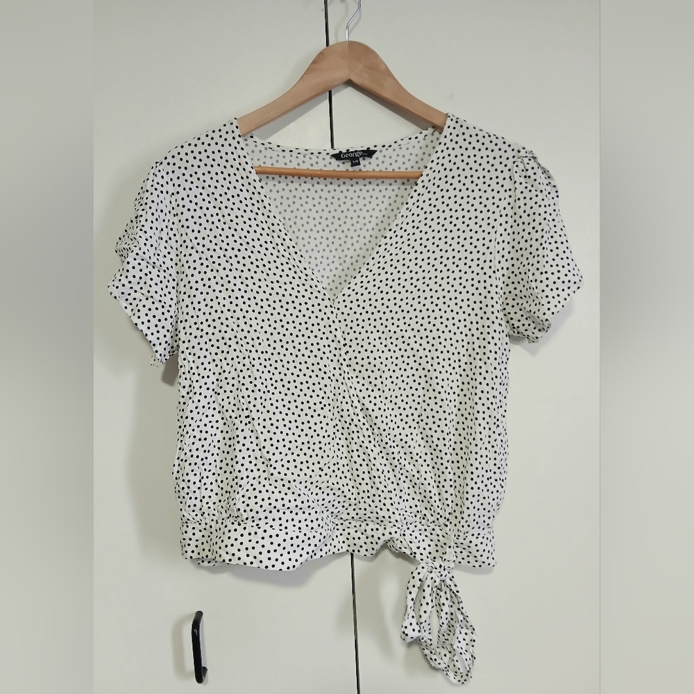 GEORGE Black White Polka Dot Wrap Top Large Tulip Sleeve Cropped